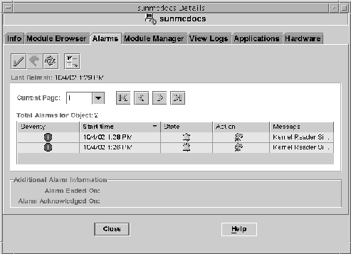 「Alarms」タブが選択された状態で、2 つの重大アラームの情報を表示した「Details」ウィンドウ。 