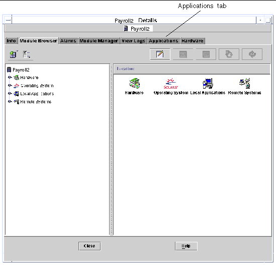 Screen shot showing the Details window, its Module Browser tab, and its Applications tab. The buttons are Close and Help.