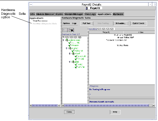 Screen shot showing the Applications tab of the console window. The option for Hardware Diagnostic Suite is listed in the left column.