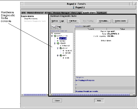 Screen shot showing the Hardware Diagnostic Suite console appears in the right side of the Sun Management Center Details window.