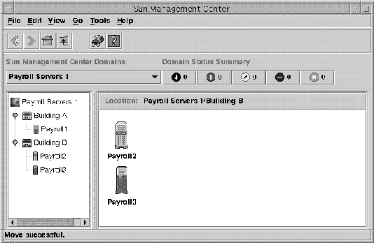 Window titled Sun Management Center shows administrative domain
and its members.