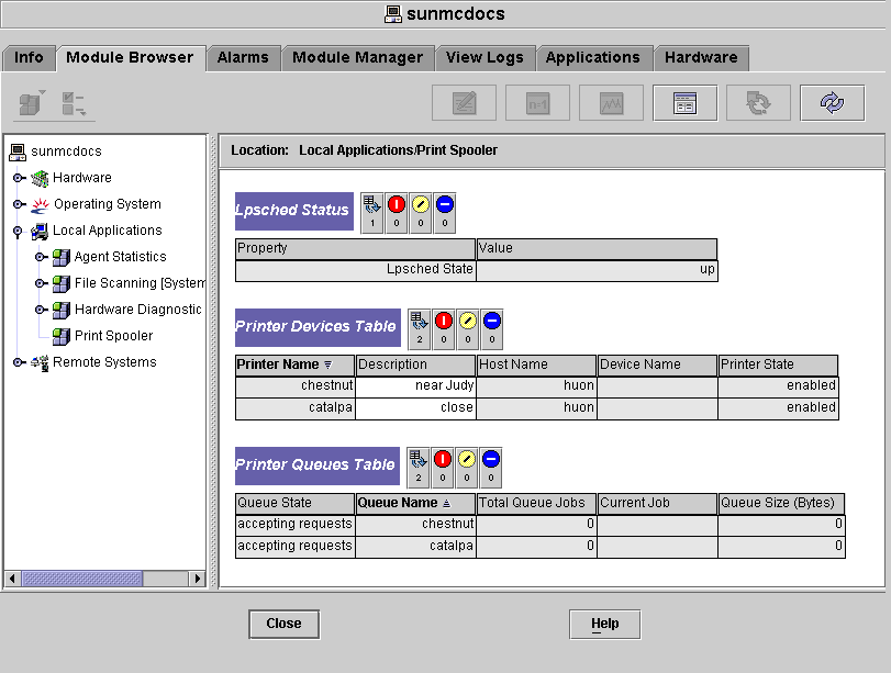 Print Spooler property tables show Lpsched Status, Printer Devices
Table, and Printer Queues Table.