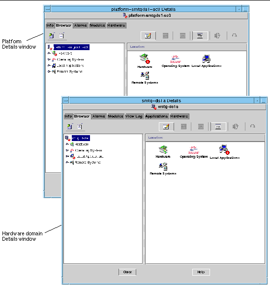 Screen captures of the Details window for platform domain and hardware domain, respectively. 