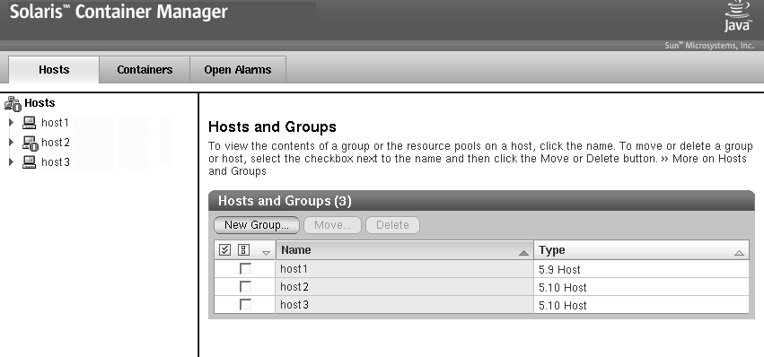 Container Manager main page with three tabs: Hosts, Containers,
Open Alarms.
