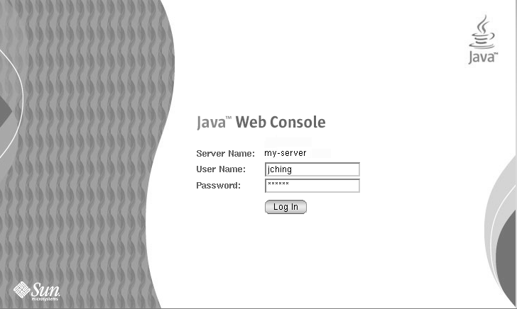 Java Web Console login page with three fields: server name, user
name, password.