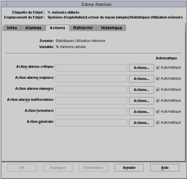 Éditeur d'attributs avec l'onglet Actions sélectionné contenant, dans le champ Action alarme critique, une action consistant à envoyer un e-mail.