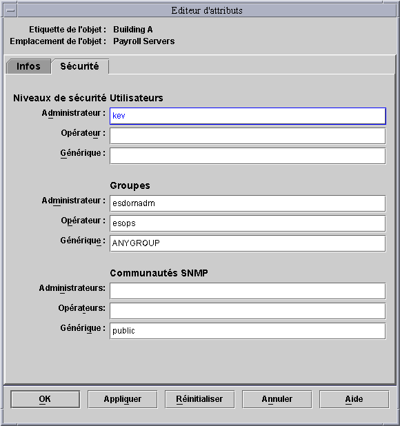Fenêtre Éditeur d'attributs avec l'onglet Sécurité sélectionné contenant un utilisateur administrateur, les groupes par défaut et les communautés SNMP par défaut. 