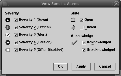 表示対象の全重大度の開状態のアラームを示した「View Specific Alarms」の選択ウィンドウ。 