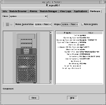 「ハードウェア」タブが選択された状態でホストシステムの物理表示を表示した「詳細」ウィンドウ。 