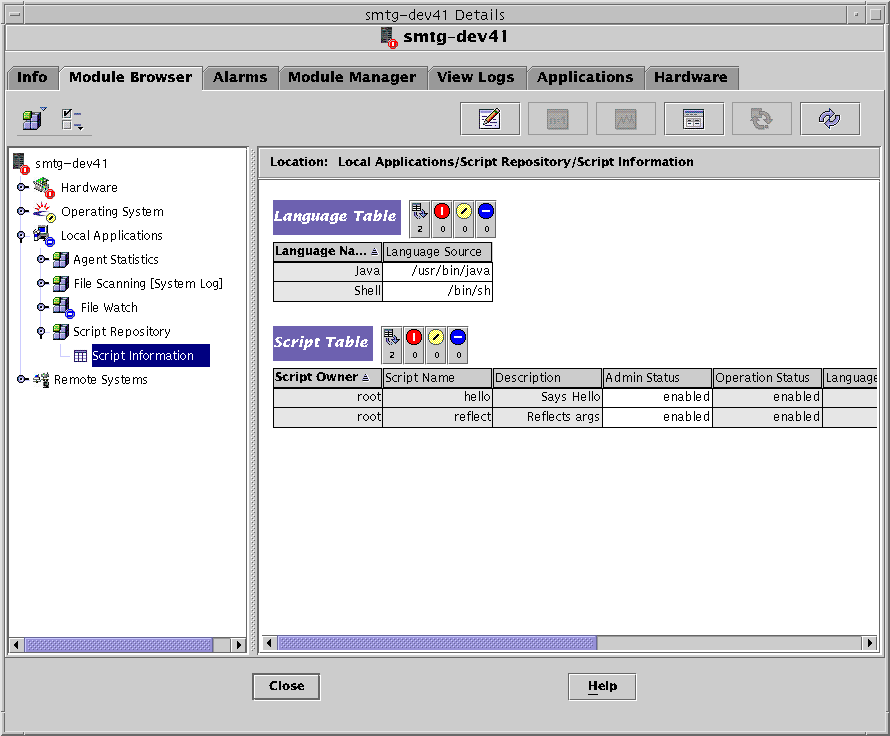 Les tables Langage et Script du module Référentiel de scripts 
