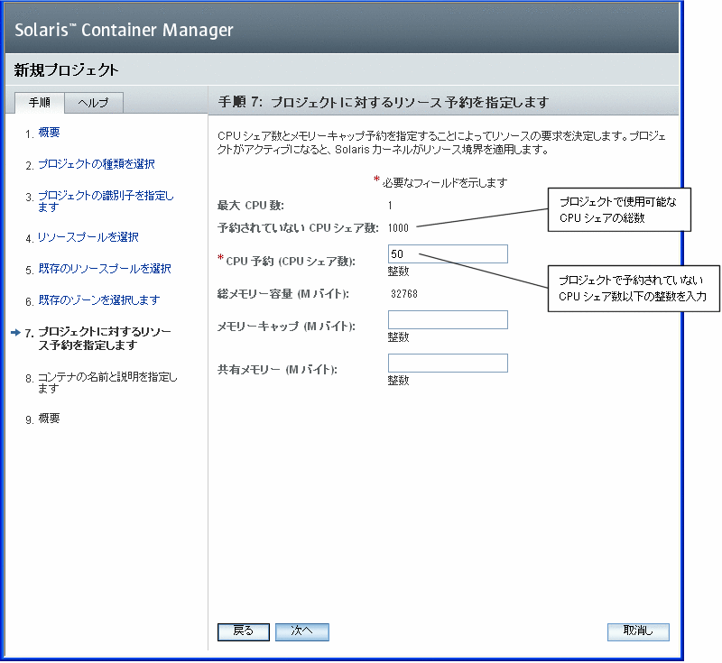プロジェクトへの CPU シェア数の割り当て