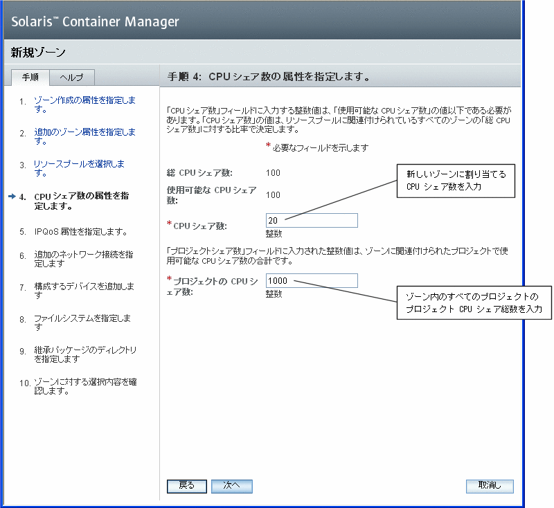 ゾーンへの CPU シェア数の割り当て