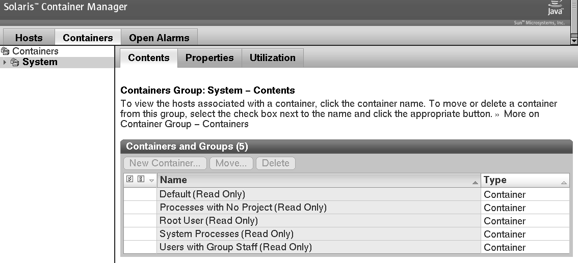 Screen capture of the System Containers group with contents
showing. Surrounding text describes the context.
