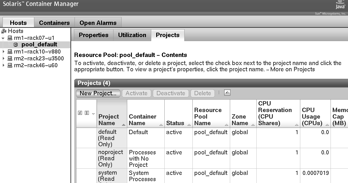 Screen capture of Hosts view (resource pool) showing the New
Project button. Surrounding text describes the context.