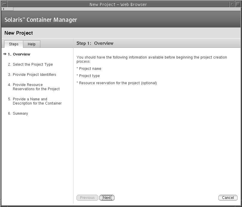 Screen capture of the New Project wizard Overview panel. Surrounding
text describes the context.