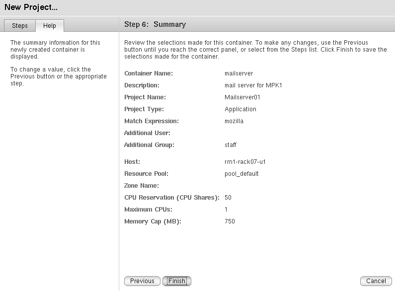 Application Project Summary screen