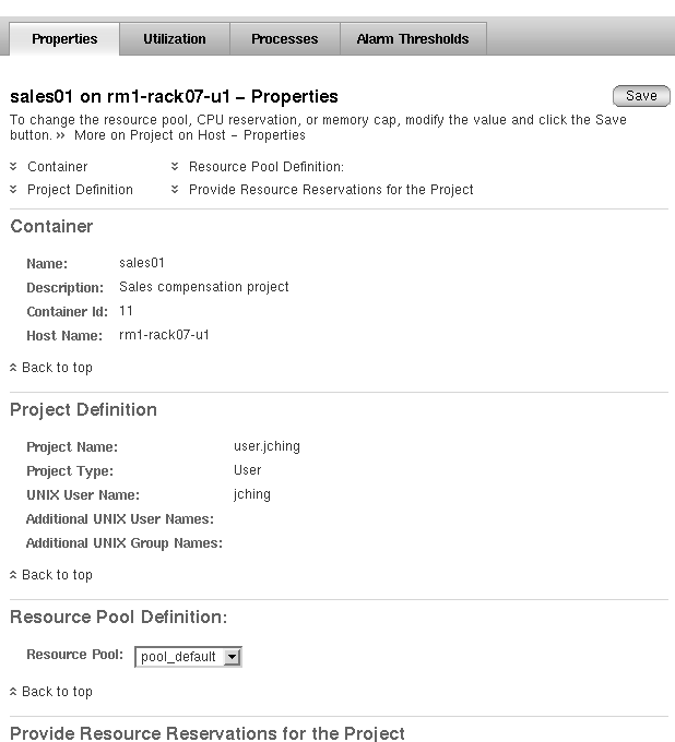 Project property sheet screen