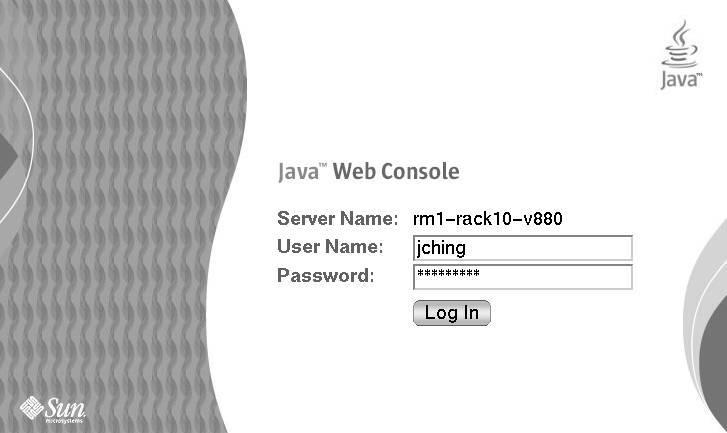 Java Web Console login page with three fields: server
name, user name, password.