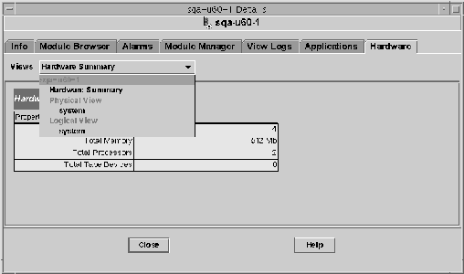 「ハードウェア」タブが選択された状態でハードウェア表示のメニューを表示した「詳細」ウィンドウ。 