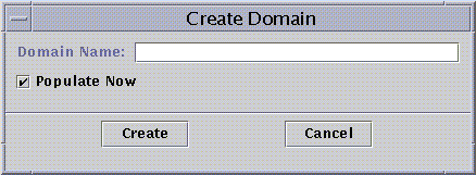 “创建域”窗口显示了用于输入域名的字段，以及用于使用“搜索”特性进行自动填充的按钮。