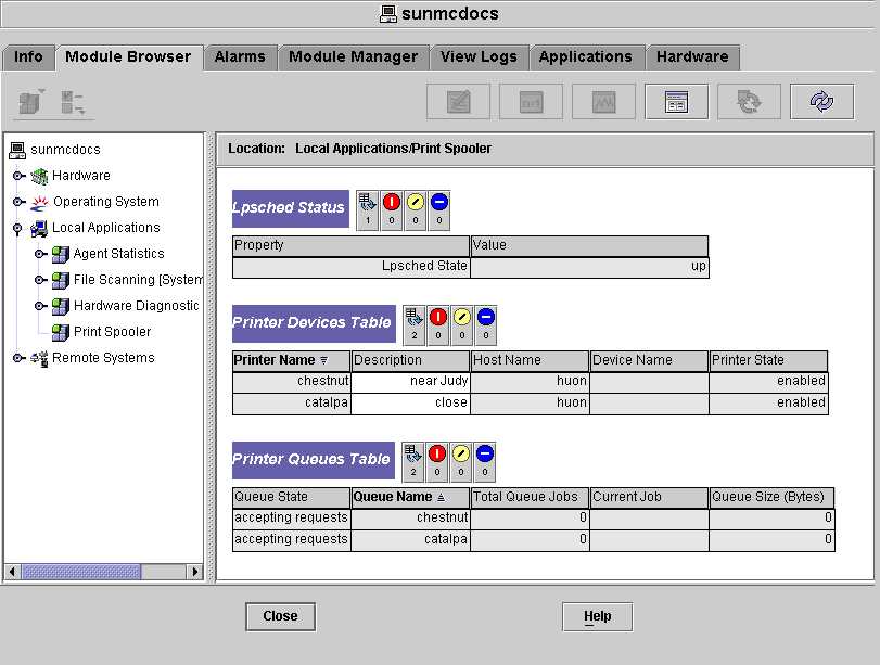 打印假脱机程序属性表显示“Lpsched 状态”、“打印机设备表”和“打印机队列表”。
