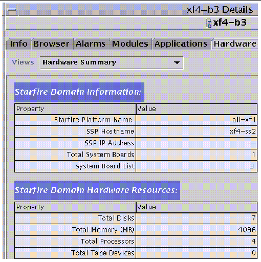 Screen capture showing Starfire domain information and hardware resource summary in the Details window. 