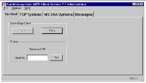 Screen shot showing the Sun MTP Client administration tool's Control panel.
