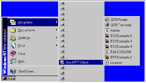 Screen shot showing the Windows Start menu opened to the Sun MTP Client submenu.