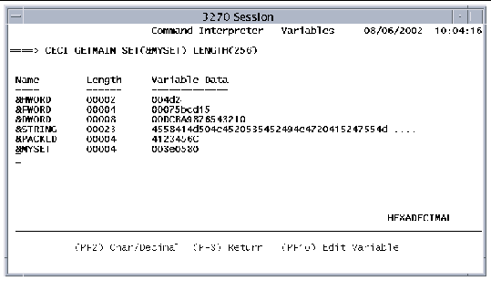 Screen shot showing the CECI variables screen for the GETMAIN command in hexadecimal mode.