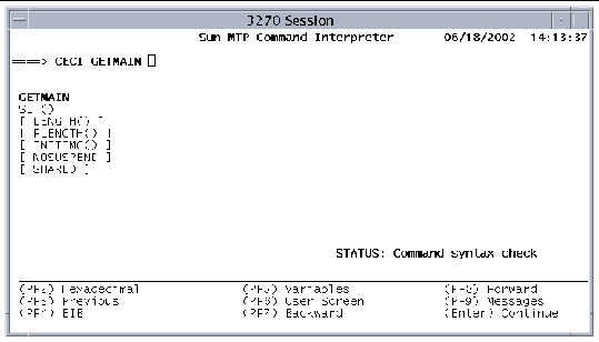 Screen shot showing the CECI syntax screen for the GETMAN command.