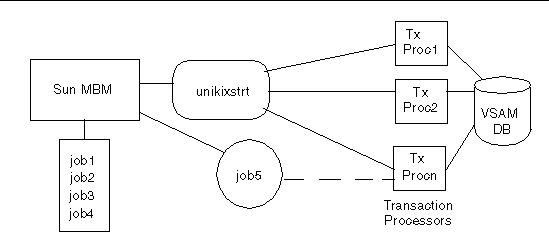 Diagram showing how Sun MBM jobs can access VSAM datasets by means of Sun MTP transaction processors.