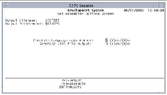 Screen shot showing the Set Assembler Options Screen after selecting a .bms file.