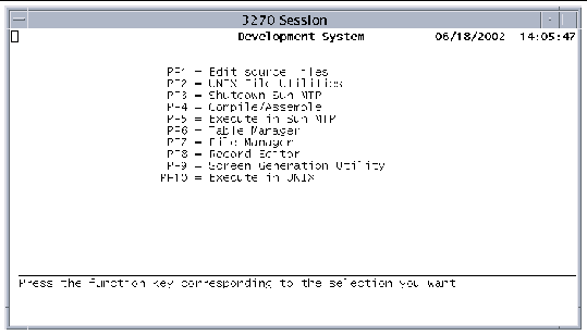 Screen shot showing the Development System main menu.
