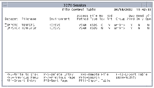 Screen shot showing the File Control Table.