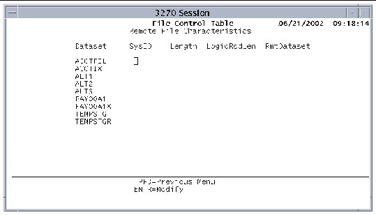 Screen shot showing the File Control Tables' Remote File Characteristics screen.