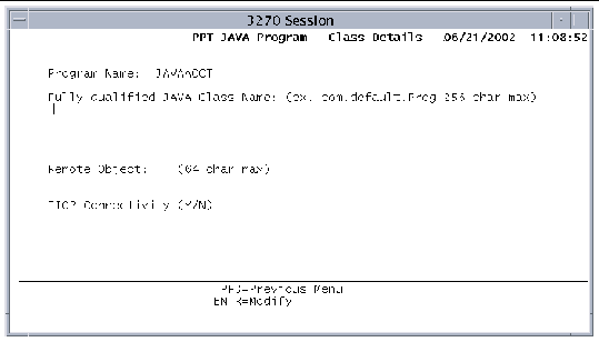 Screen shot showing the Processing Program Table's Java Class Details screen.