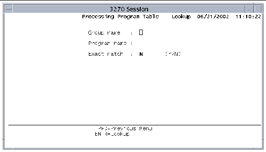 Screen shot showing the Processing Program Table's Lookup screen.