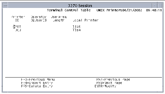 Screen shot showing the Terminal Control Table printers screen.