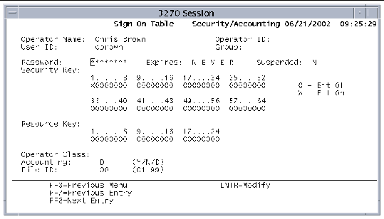Screen shot showing the Sign-On Table's Security/Accounting screen.