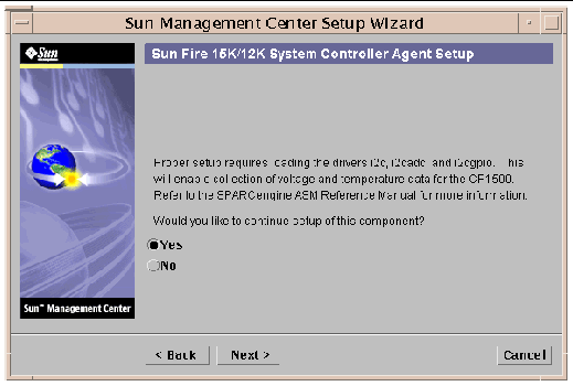 Screen capture of the Sun Fire 15K/12K System Controller Agent Setup panel. 