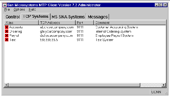 Screen shot showing the Sun MTP Client administration tool's TCP Systems panel.