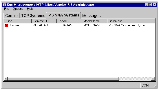 Screen shot showing the Sun MTP Client administration tool's MS SNA Systems panel.