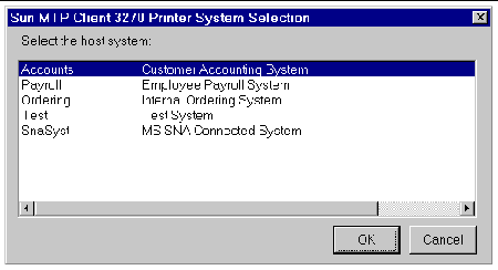 Screen shot showing the printer system selection dialog box.