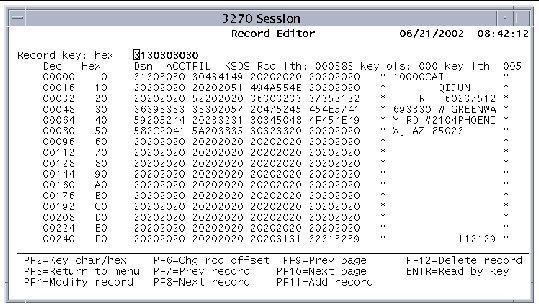 Screen shot showing the Record Editor screen in hexadecimal mode.