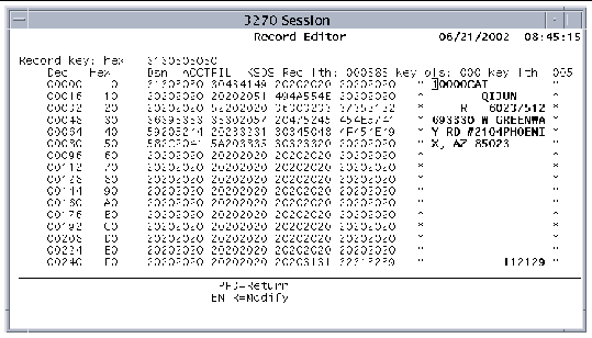 Screen shot of the Record Editor modify screen in character mode. Text to be modified is shown in bold on the right of the screen.