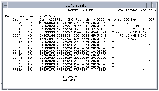 Screen shot of the Record Editor modify screen in hexadecimal mode.