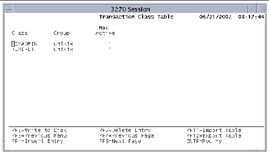 Screen shot of the Transaction Class Table showing the two default classes: KIXADMIN and KIXDFLT.