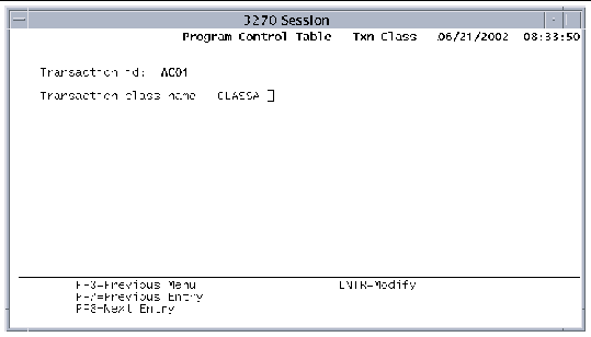 Screen shot of the PCT transaction class screen showing an example transaction ID and the transaction class to which it is assigned.