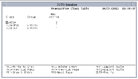 Screen shot showing the Transaction Class Table main screen.