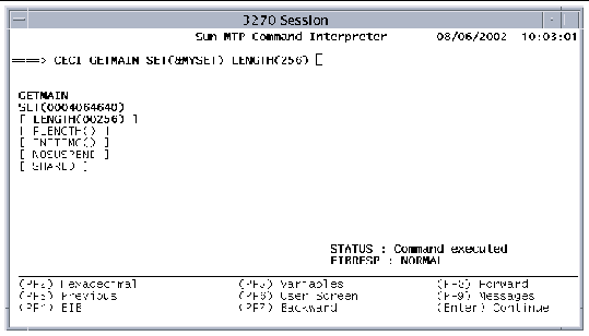 Screen shot showing the CECI syntax screen after the GETMAIN command has executed successfully.
